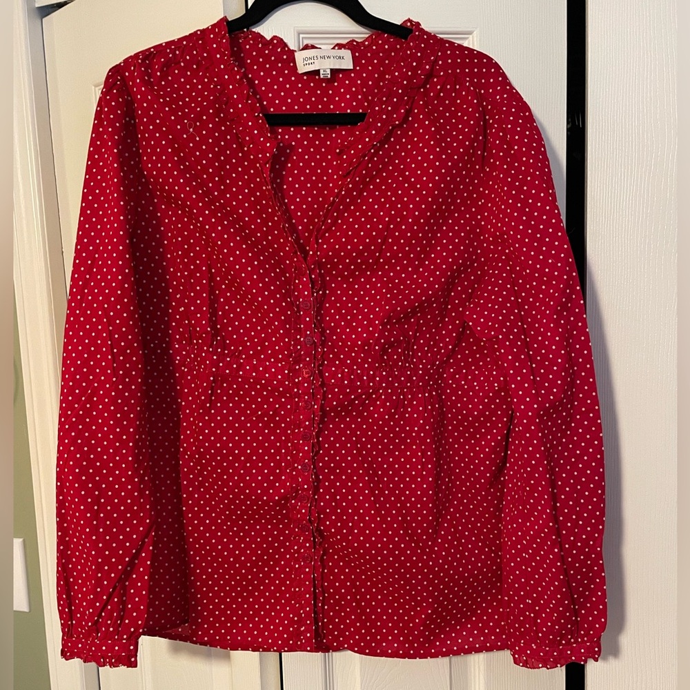 Red and white polka dot blouse